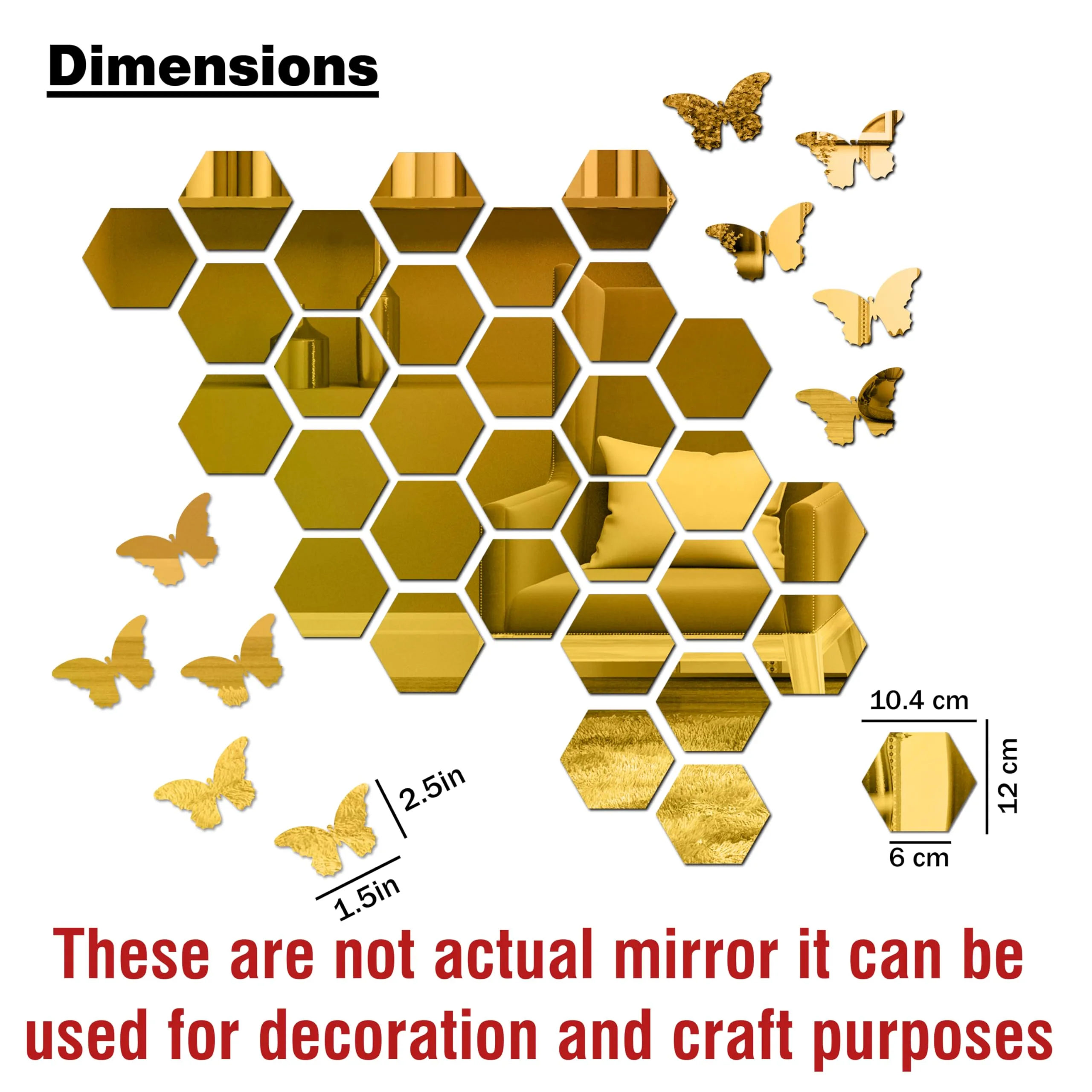 Rousrie Hexagonal Mirror with Butterfly Wall Sticker, Golden Glass Stickers for Mosaic Decoration, Acrylic Home Mirror Wallpaper | 30 Hexagons and 10 Butterfly (30 Golden Hexagons & 10 Butterly)