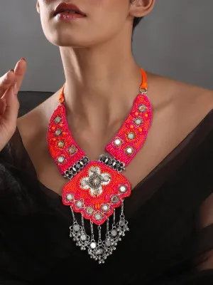 Rubans Red & Orange Beaded,Mirrors With Tassels Statement Long Necklace