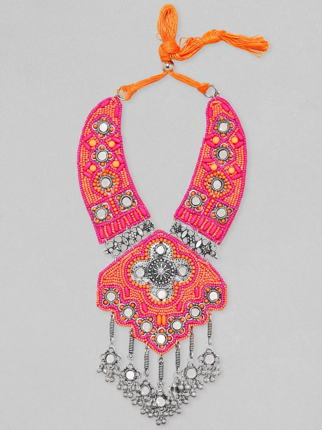 Rubans Red & Orange Beaded,Mirrors With Tassels Statement Long Necklace