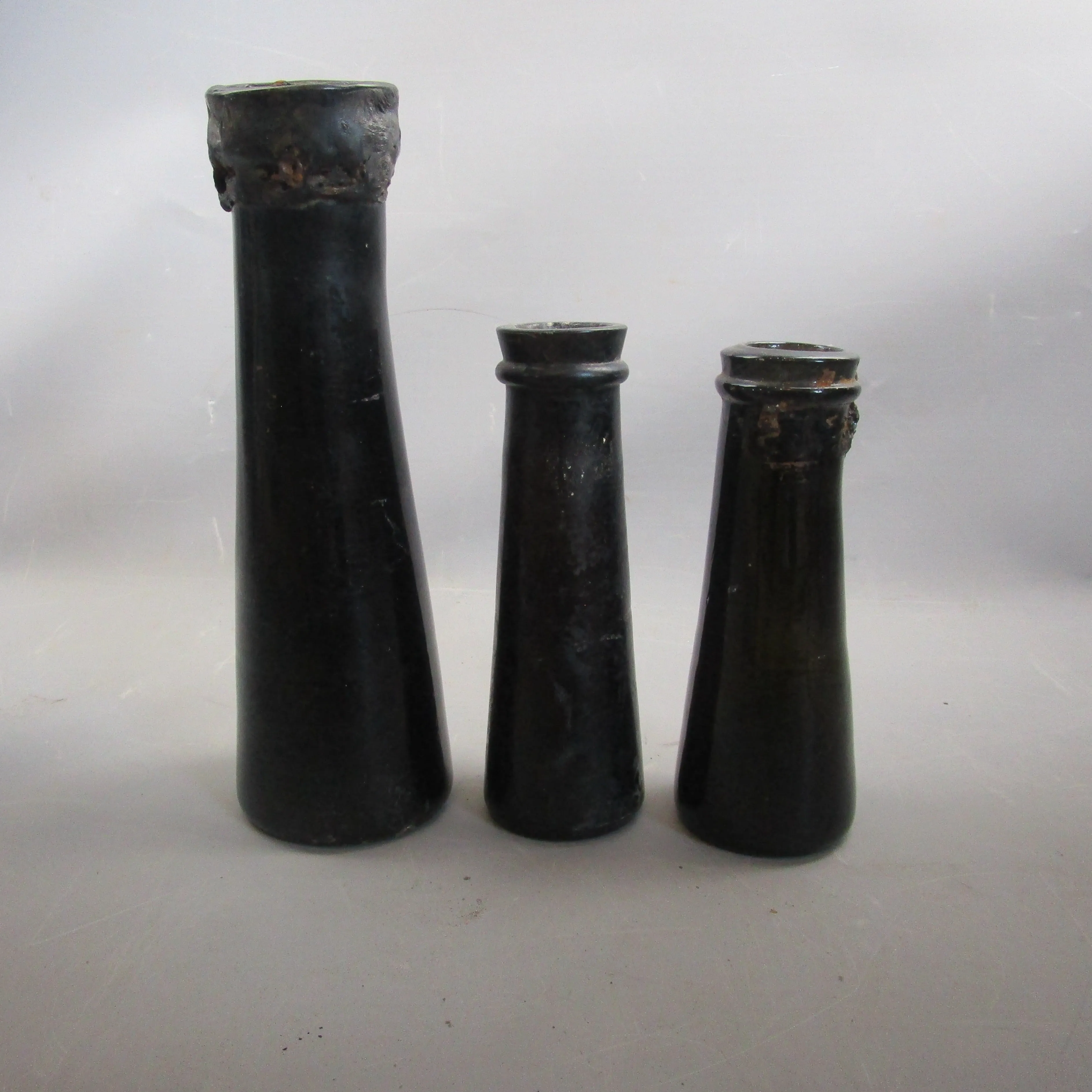 Three Black Glass French Truffle Bottles Hand Blown Antique Victorian c1860