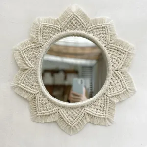 tms Bohemian Reflections Macramé Mirror with Fringe - Off-White, 10 Inch Mirror Diameter, 18 Inch Total Length- 1 Piece