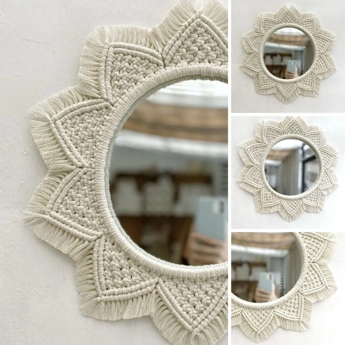 tms Bohemian Reflections Macramé Mirror with Fringe - Off-White, 10 Inch Mirror Diameter, 18 Inch Total Length- 1 Piece