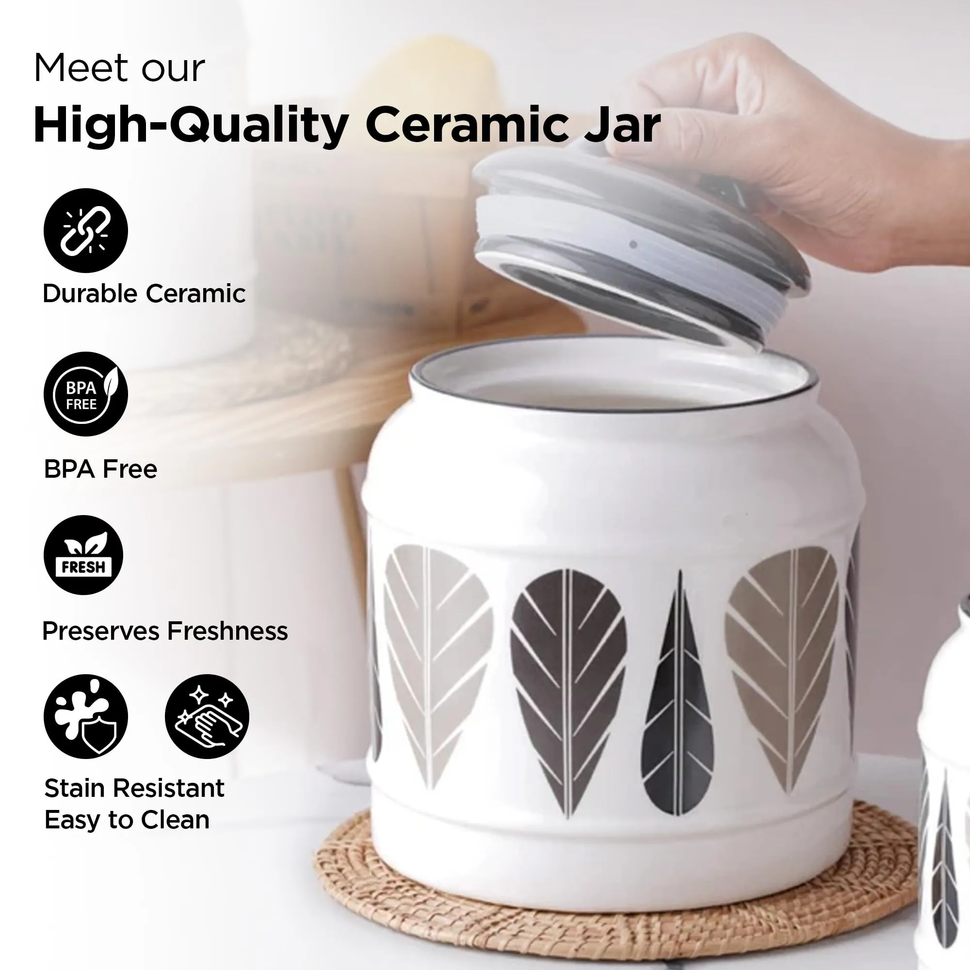 UMAI Ceramic Jar for Kitchen Storage with Lid | Ceramic Container | Multipurpose Kitchen Storage Jars and Containers for pickle, grains, pulses | 2.5 litre | Grey & White | Printed (1 Jar)