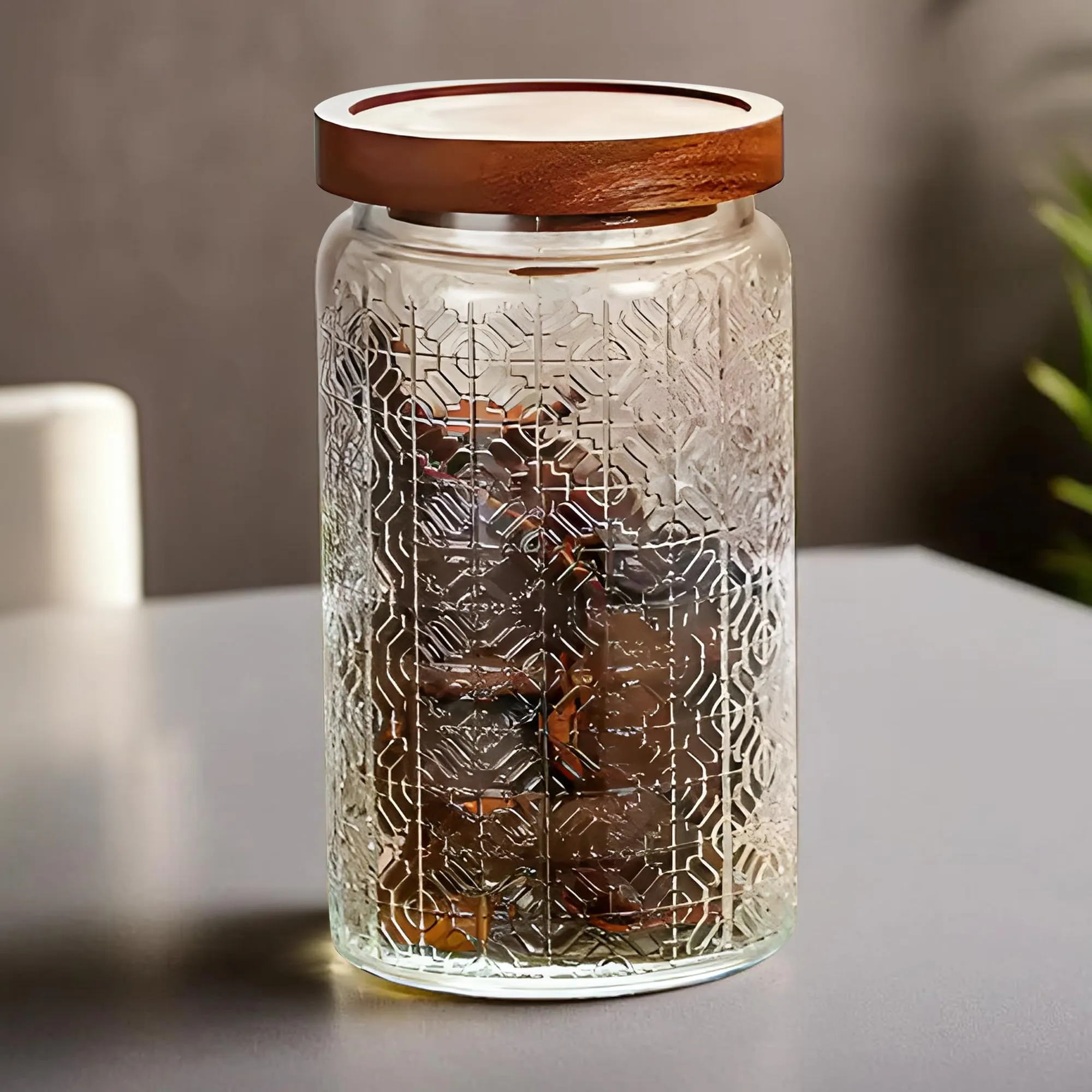 UMAI Glass Jar with Wooden Lid | 1000ml Airtight Kitchen Container for Storage | Kitchen Organizer Items Storage Cookies Snacks Tea Coffee Sugar Dry Fruits