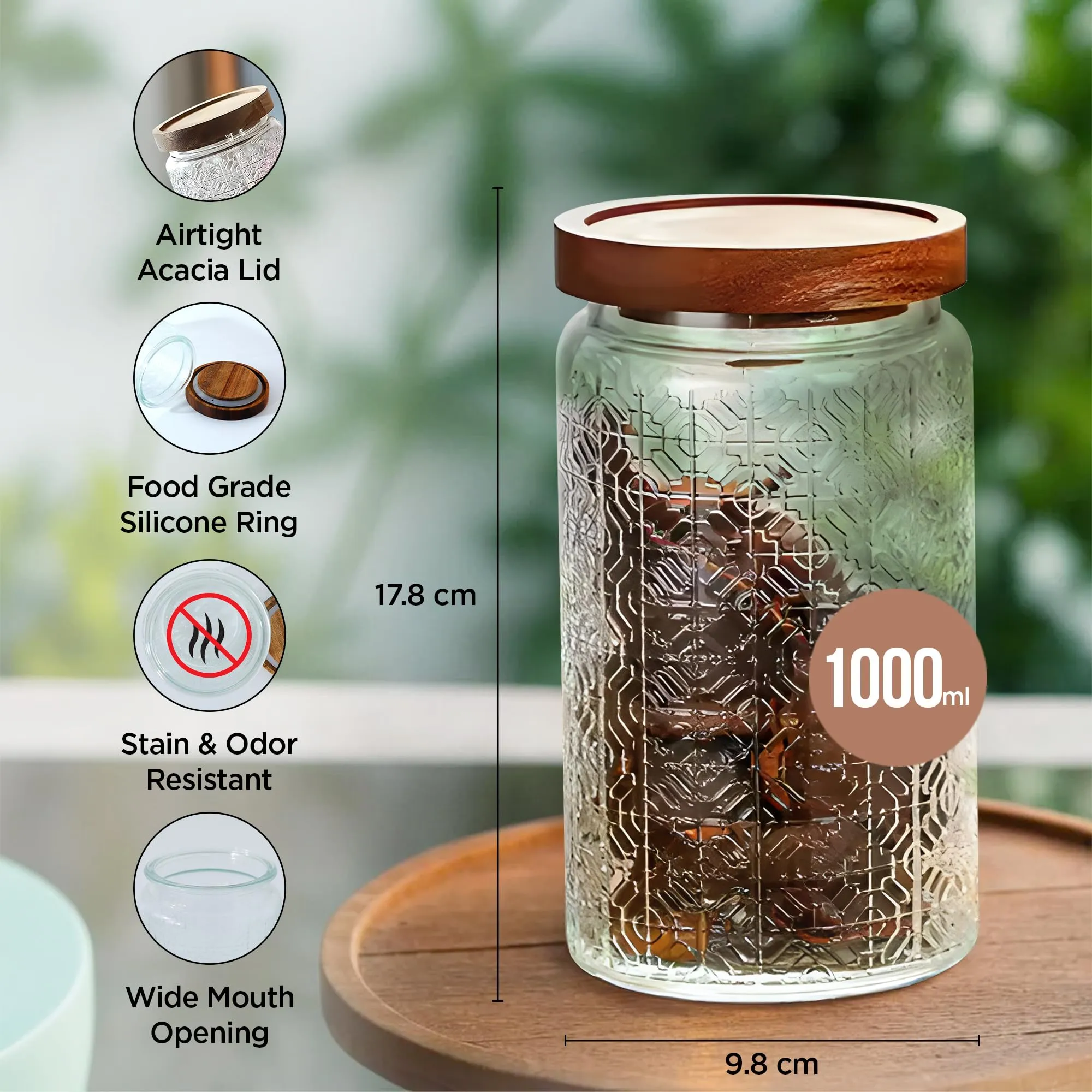 UMAI Glass Jar with Wooden Lid | 1000ml Airtight Kitchen Container for Storage | Kitchen Organizer Items Storage Cookies Snacks Tea Coffee Sugar Dry Fruits