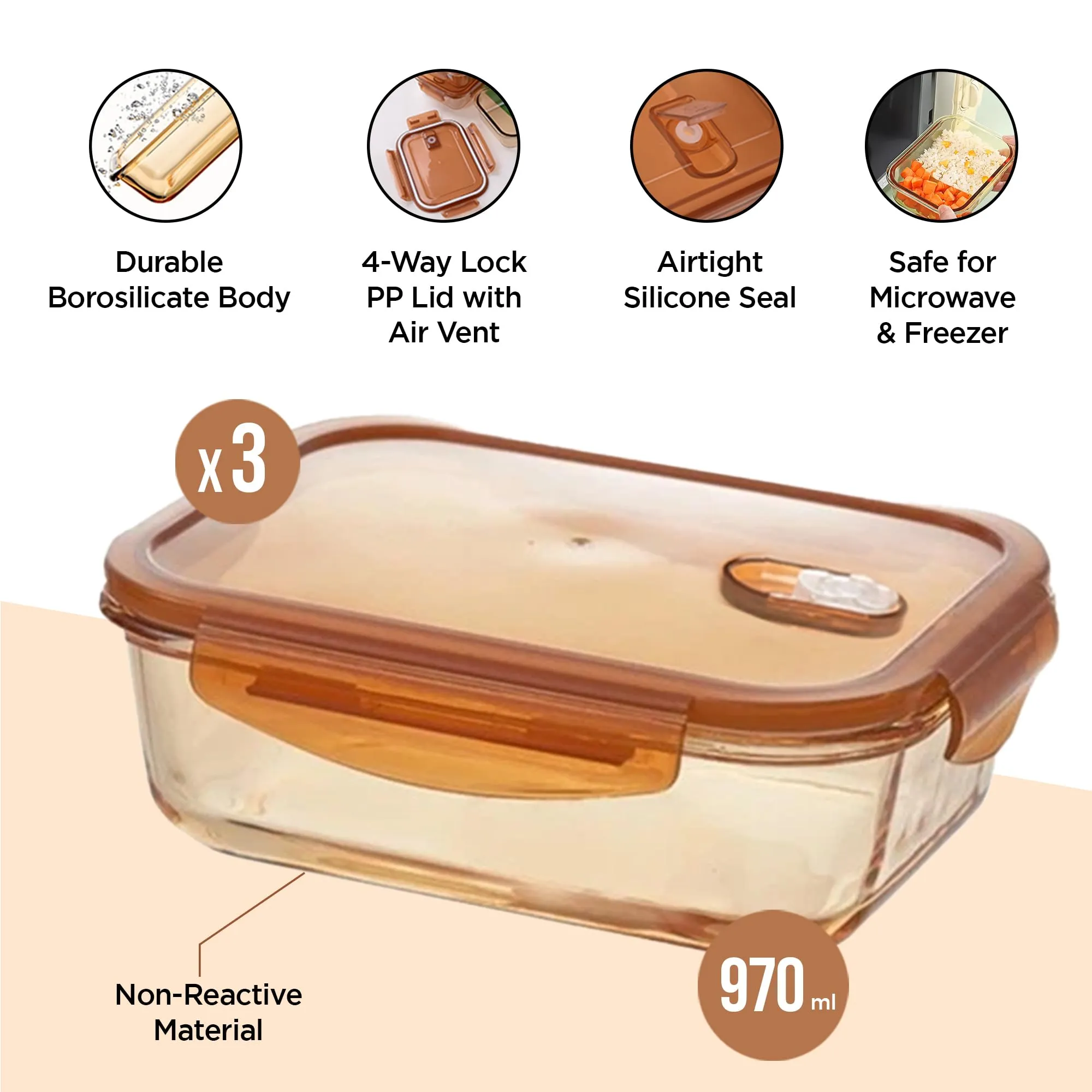 UMAI Pack of 3 Borosilicate Glass Kitchen Containers Set with Airvent Pp Lid | Glass Lunch Box | Airtight Rectangular Storage Boxes for Grains, Pulses, Spices, Snacks | 970 ml Each | Amber