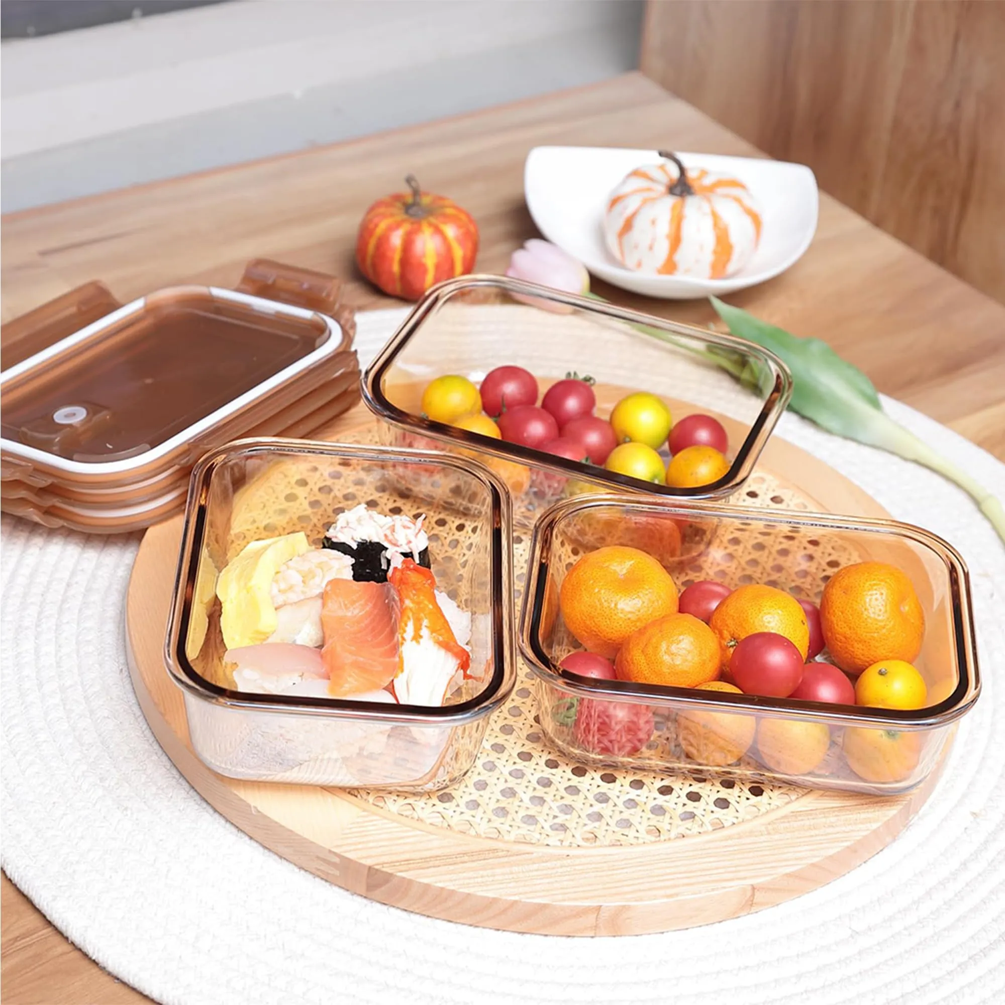 UMAI Pack of 3 Borosilicate Glass Kitchen Containers Set with Airvent Pp Lid | Glass Lunch Box | Airtight Rectangular Storage Boxes for Grains, Pulses, Spices, Snacks | 970 ml Each | Amber