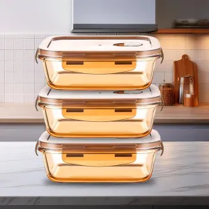 UMAI Pack of 3 Borosilicate Glass Kitchen Containers Set with Airvent Pp Lid | Glass Lunch Box | Airtight Rectangular Storage Boxes for Grains, Pulses, Spices, Snacks | 970 ml Each | Amber