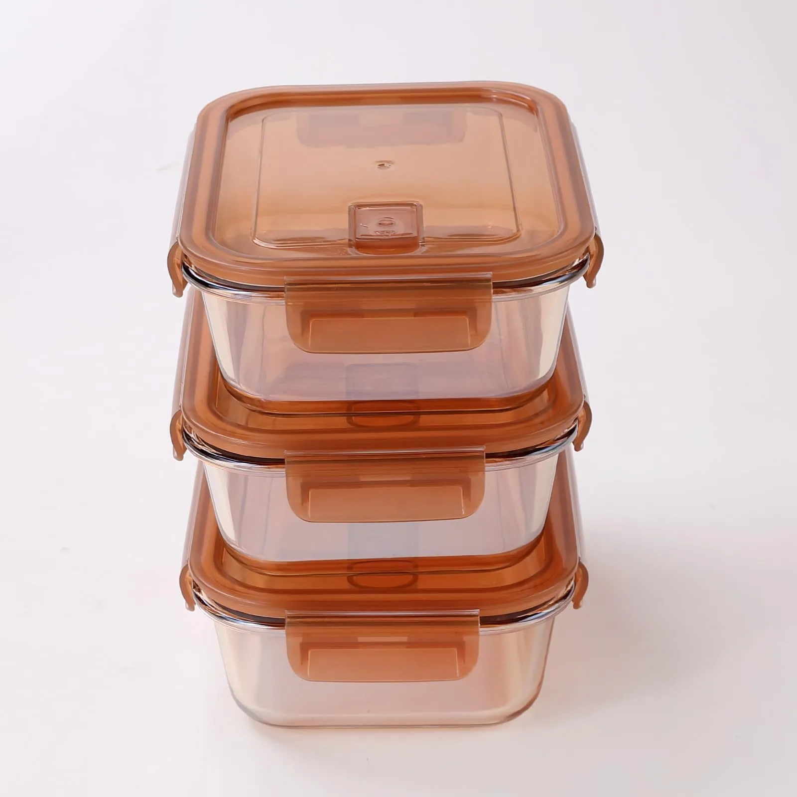 UMAI Pack of 3 Borosilicate Glass Kitchen Containers Set with Airvent Pp Lid | Glass Lunch Box | Airtight Rectangular Storage Boxes for Grains, Pulses, Spices, Snacks | 970 ml Each | Amber