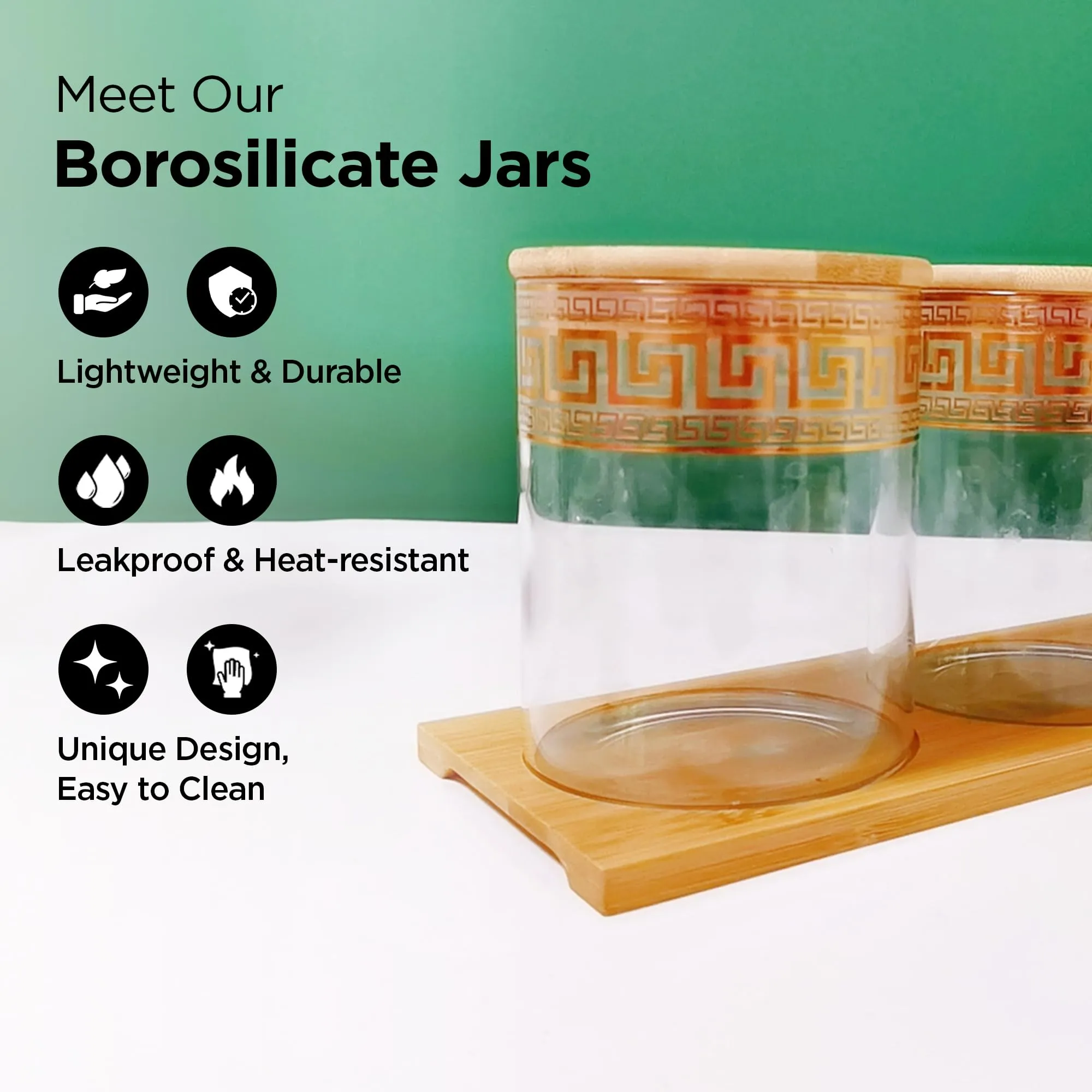 UMAI Pack of 3 Kitchen Organizer Borosilicate Jars with Bamboo Lid & Tray | 3 Pcs 850 ml | Glass Jars for Cookies, Spices, Snacks, Tea, Coffee, Sugar | BPA Free