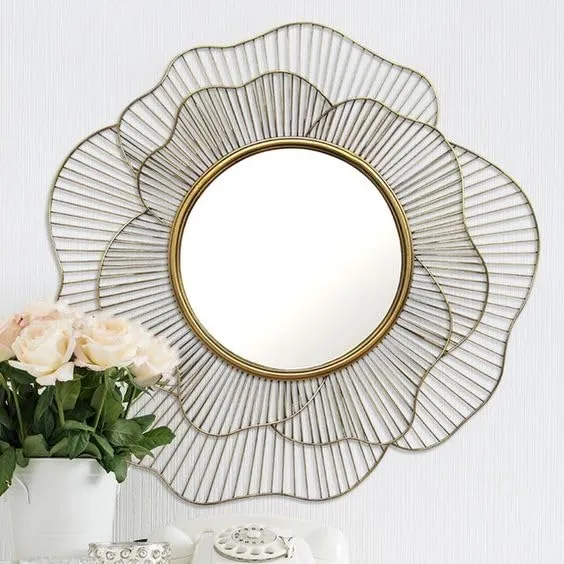 Urban Craft Iron Decorative Mirror Wall Mounted Hanging Mirror Sculpture Metal Golden Rose Design Modern Art Mirror for Home Decor (Artistic, Framed)