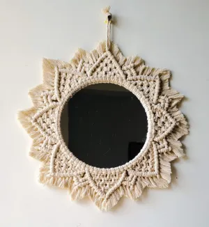 Zippy Flora Handmade Macrame Designer Wall Mirror for Home/Wall Decor |Art Boho Macrame Decor Decorative Mirror|Statement Mirrors(Off-White 15 inch)